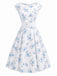 White 1950s Boat Neck Belted Floral Dress