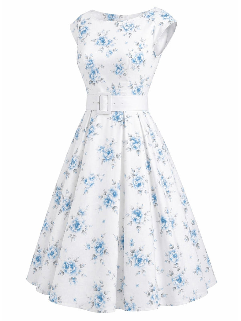 White 1950s Boat Neck Belted Floral Dress