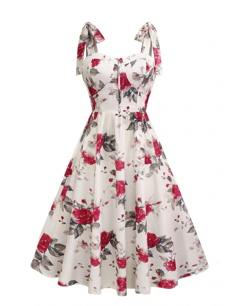 White 1950s Rose Print Lace-Up A-Line Dress, vintage dress, retro fashion, rockabilly, pin-up fashion - perfect for women who love vintage and retro fashion