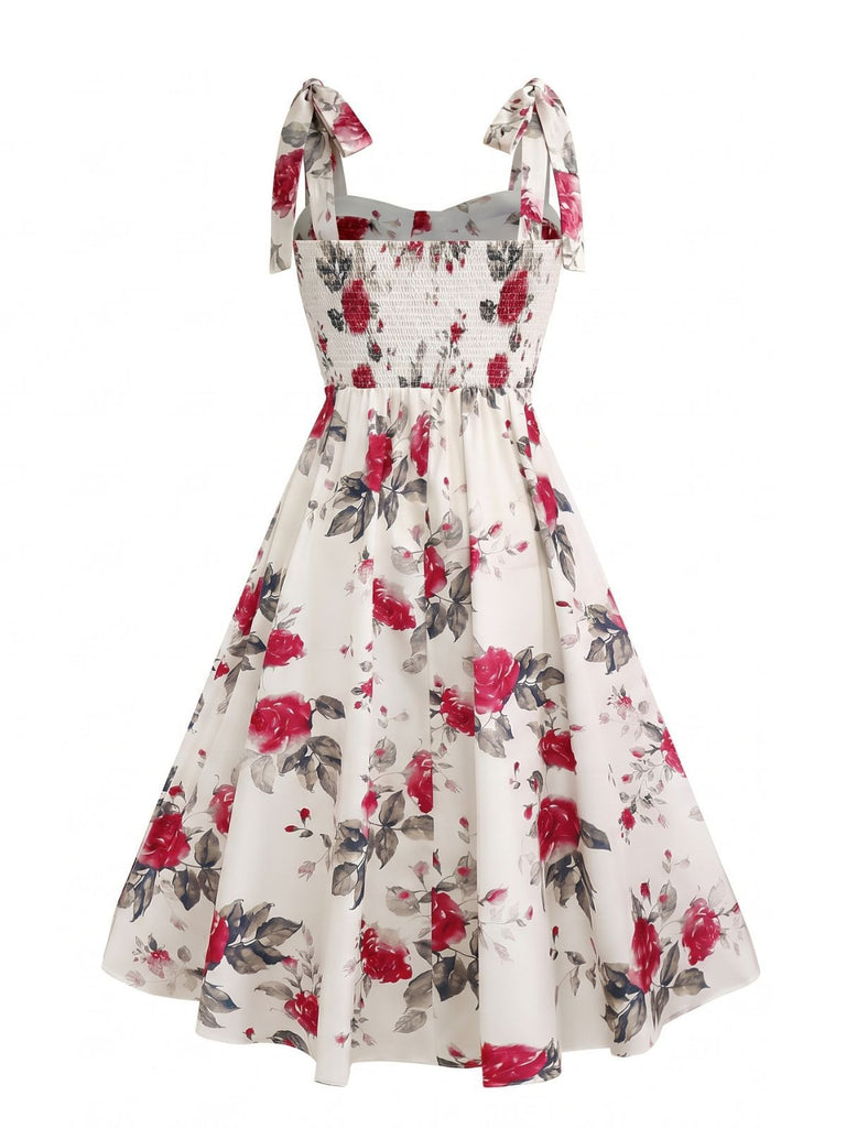 White 1950s Rose Print Lace-Up A-Line Dress, vintage dress, retro fashion, rockabilly, pin-up fashion - perfect for women who love vintage and retro fashion
