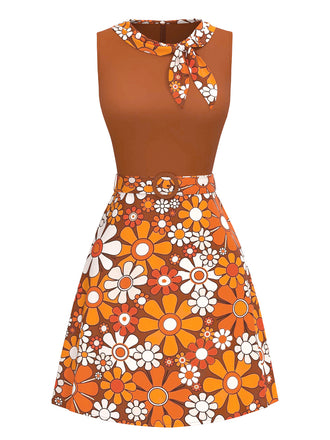 [Pre-Sale] Orange 1960s Boho Psychedelic Floral Belted Dress