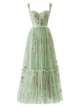 Light Green 1930s Floral Mesh Boned Lace-Up Dress