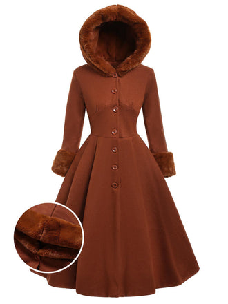 Brown 1950s Faux-Wool Hooded Button Coat
