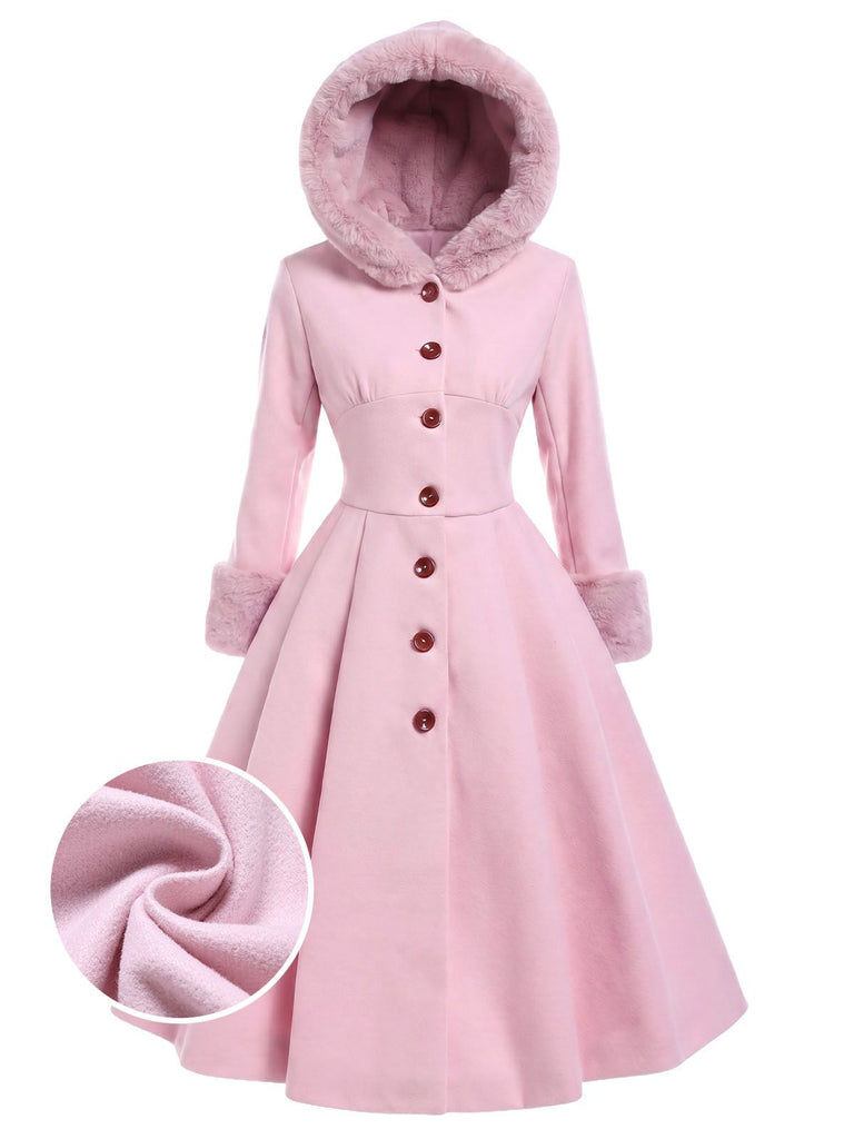 Brown 1950s Faux-Wool Hooded Button Coat