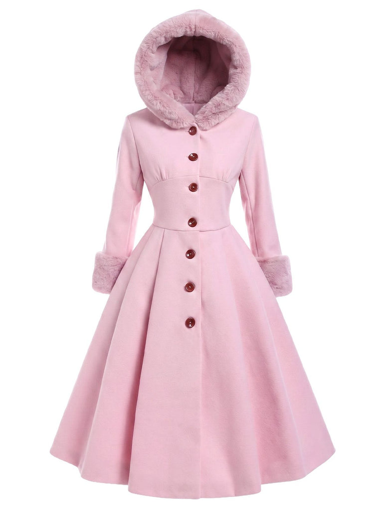 Brown 1950s Faux-Wool Hooded Button Coat