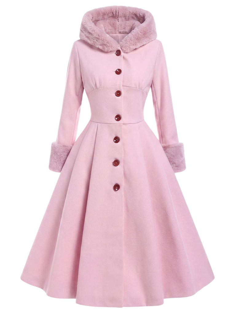 Brown 1950s Faux-Wool Hooded Button Coat