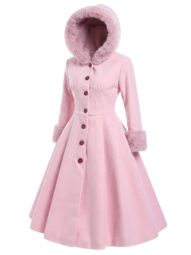 Brown 1950s Faux-Wool Hooded Button Coat