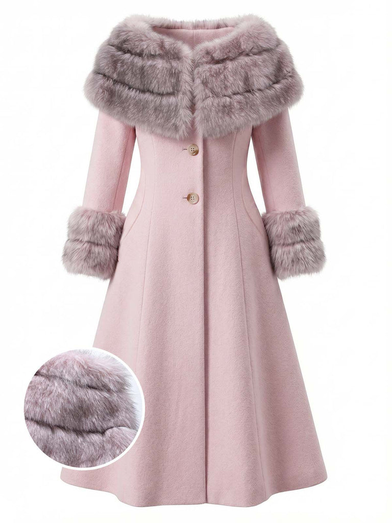 Camel 1950s Multi-Layer Fur Collar Patchwork Coat