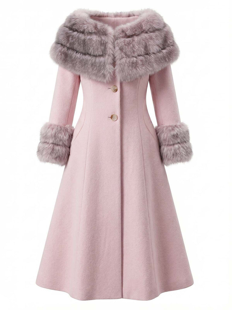 Camel 1950s Multi-Layer Fur Collar Patchwork Coat