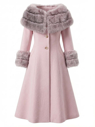 Pink 1950s Multi-Layer Fur Collar Patchwork Coat