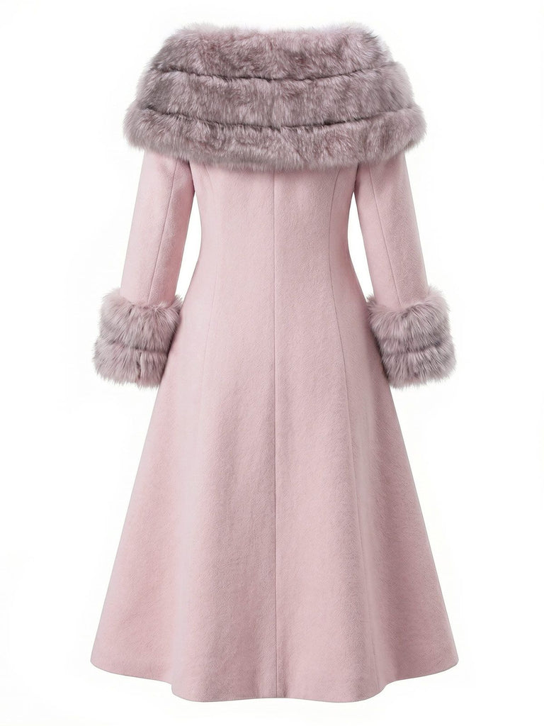 Camel 1950s Multi-Layer Fur Collar Patchwork Coat