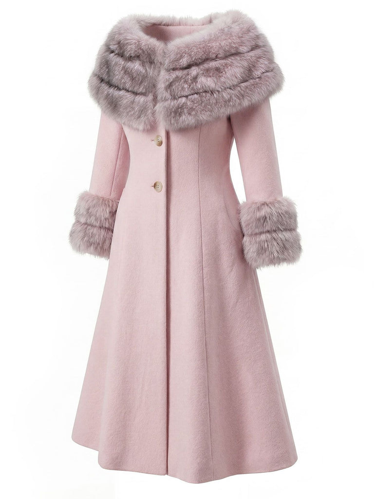 Camel 1950s Multi-Layer Fur Collar Patchwork Coat