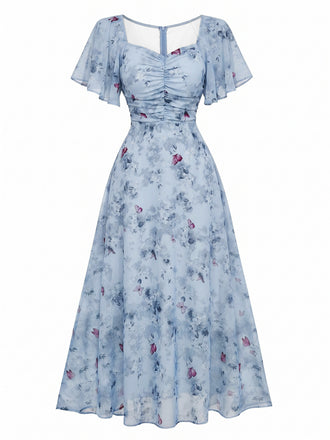 Yellow 1930s Butterfly Flutter Sleeve Chiffon Dress, vintage dress, retro fashion - perfect for women who love vintage and retro fashion