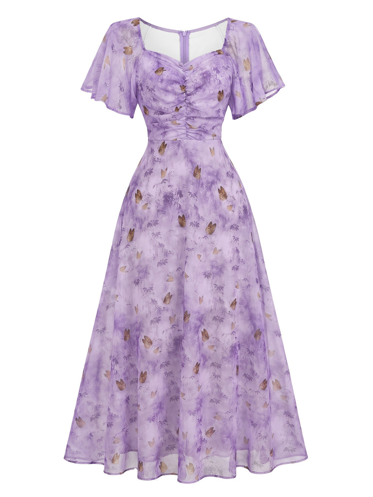 Yellow 1930s Butterfly Flutter Sleeve Chiffon Dress, vintage dress, retro fashion - perfect for women who love vintage and retro fashion