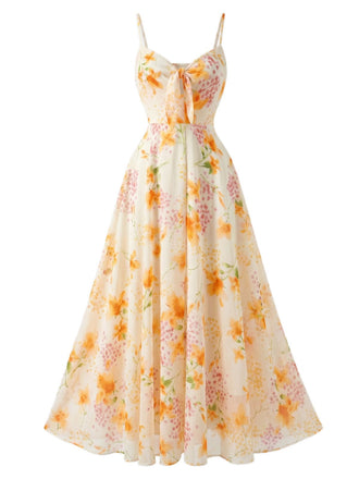 Yellow 1930s Floral V-Neck Bohemian Slip Dress