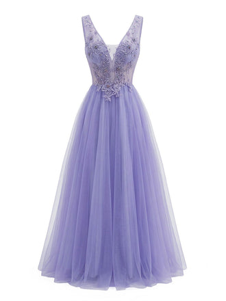 Purple 1950s Tulle V-Neck Embroidered Maxi Dress