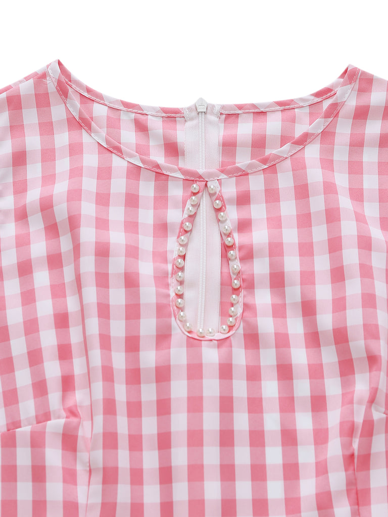 Dark Pink 1950s Plaid Patchwork Dress 3