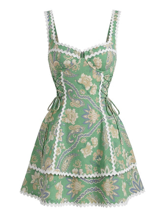 Green 1970s Boho Paisley Floral Spaghetti Strap Mini Dress, vintage dress, retro fashion, floral print - perfect for women who love vintage and retro fashion