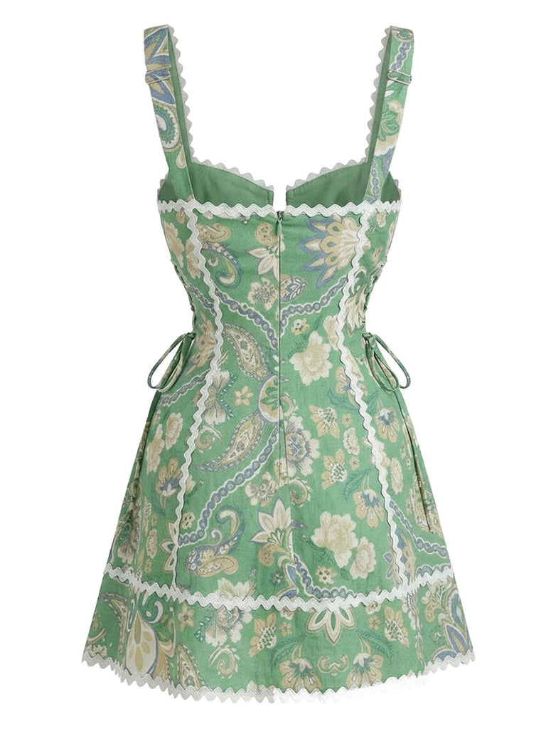 Green 1970s Boho Paisley Floral Spaghetti Strap Mini Dress, vintage dress, retro fashion, floral print - perfect for women who love vintage and retro fashion