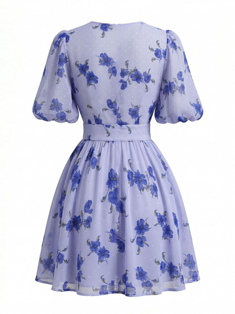 Blue 1950s V-Neck Puff Sleeve High Waist Floral Dress, vintage dress, retro fashion, rockabilly, pin-up fashion - perfect for women who love vintage and retro fashion