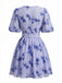 Blue 1950s V-Neck Puff Sleeve High Waist Floral Dress, vintage dress, retro fashion, rockabilly, pin-up fashion - perfect for women who love vintage and retro fashion