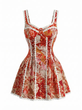 Red 1960s Floral Sweetheart Neck Lace Up Mini Dress, vintage dress, retro fashion, floral print, lace detail - perfect for women who love vintage and retro fashion