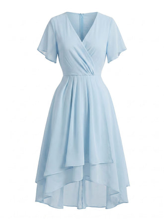 1950s Solid V-Neck Ruffle Sleeve Chiffon Asymmetrical Dress, vintage dress, retro fashion, rockabilly, pin-up fashion - perfect for women who love vintage and retro fashion