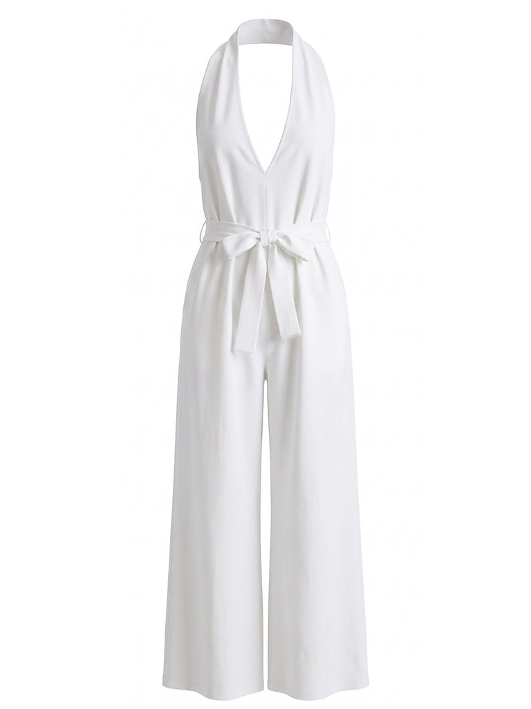 1930s Halter V-Neck Belted Wide Leg Jumpsuit 6
