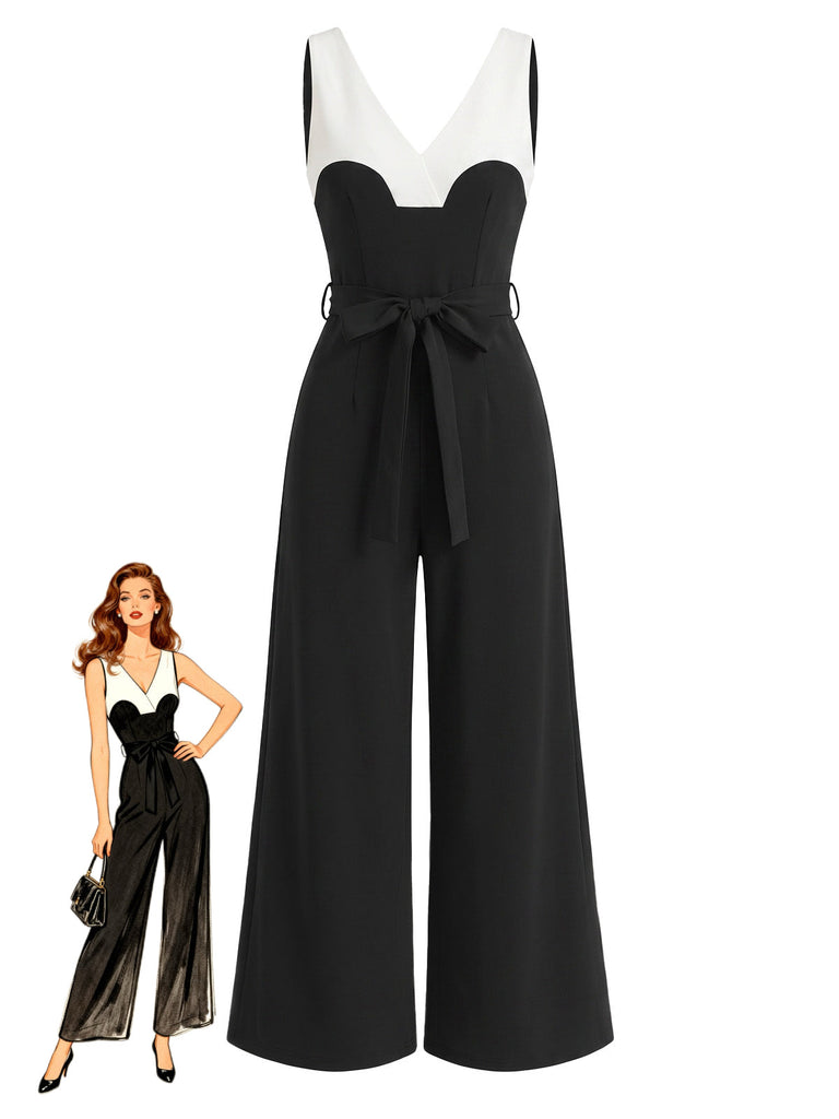 Black 1930s Halter V-Neck Belted Wide Leg Jumpsuit 6