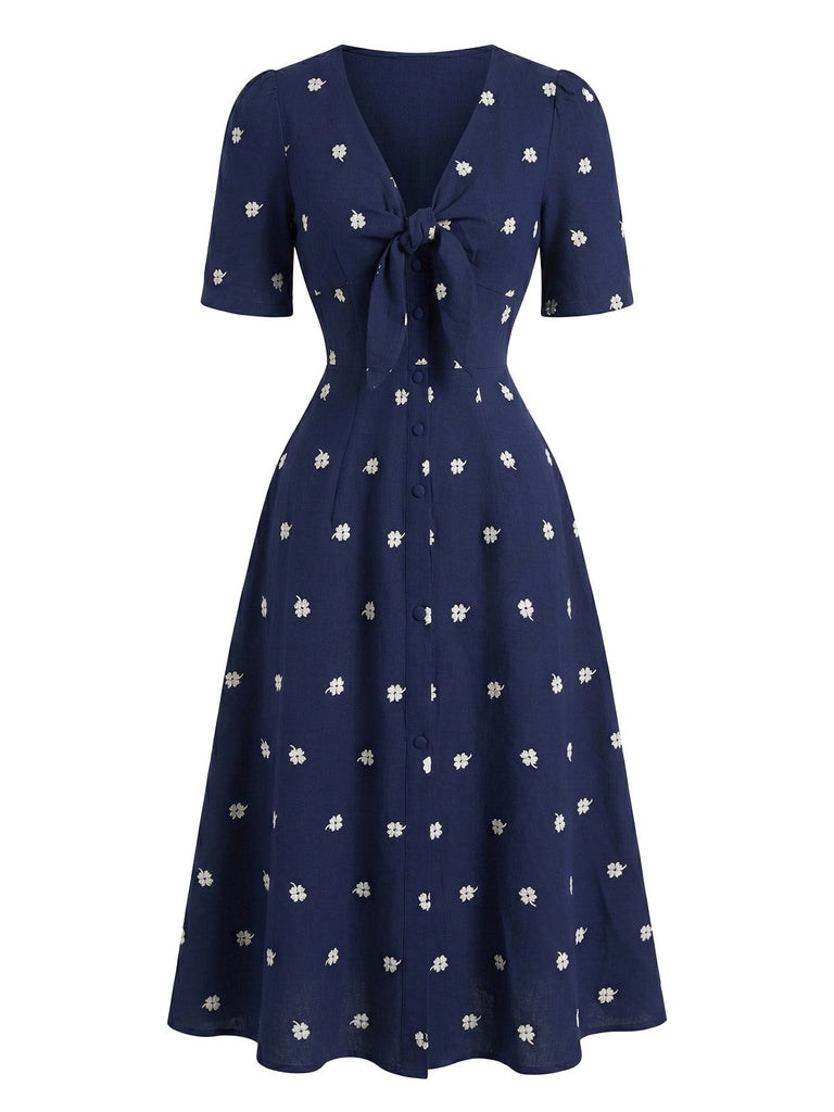 Blue 1950s Floral Embroidered Bow Dress