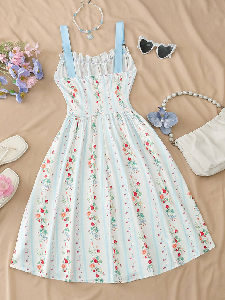 1950s Ruffled Square Neck Sleeveless Floral Print Swing Dress, vintage dress, retro fashion, rockabilly, pin-up fashion - perfect for women who love vintage and retro fashion