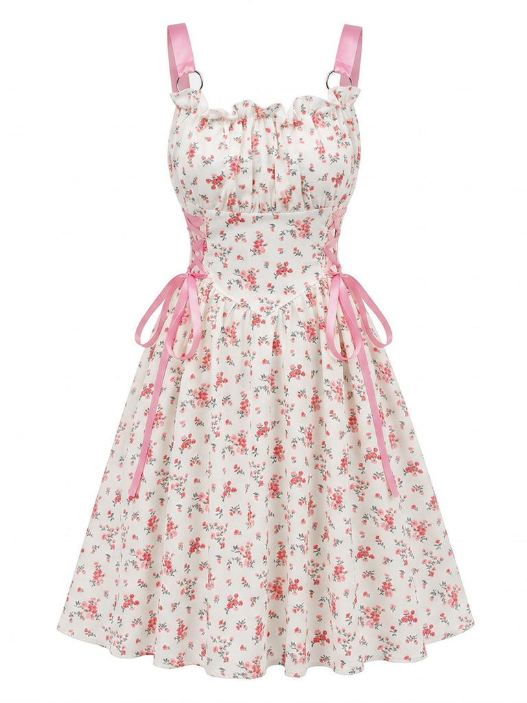 Blue 1950s Ruffled Square Neck Sleeveless Floral Swing Dress