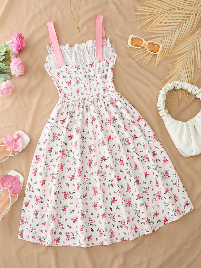 Blue 1950s Ruffled Square Neck Sleeveless Floral Swing Dress