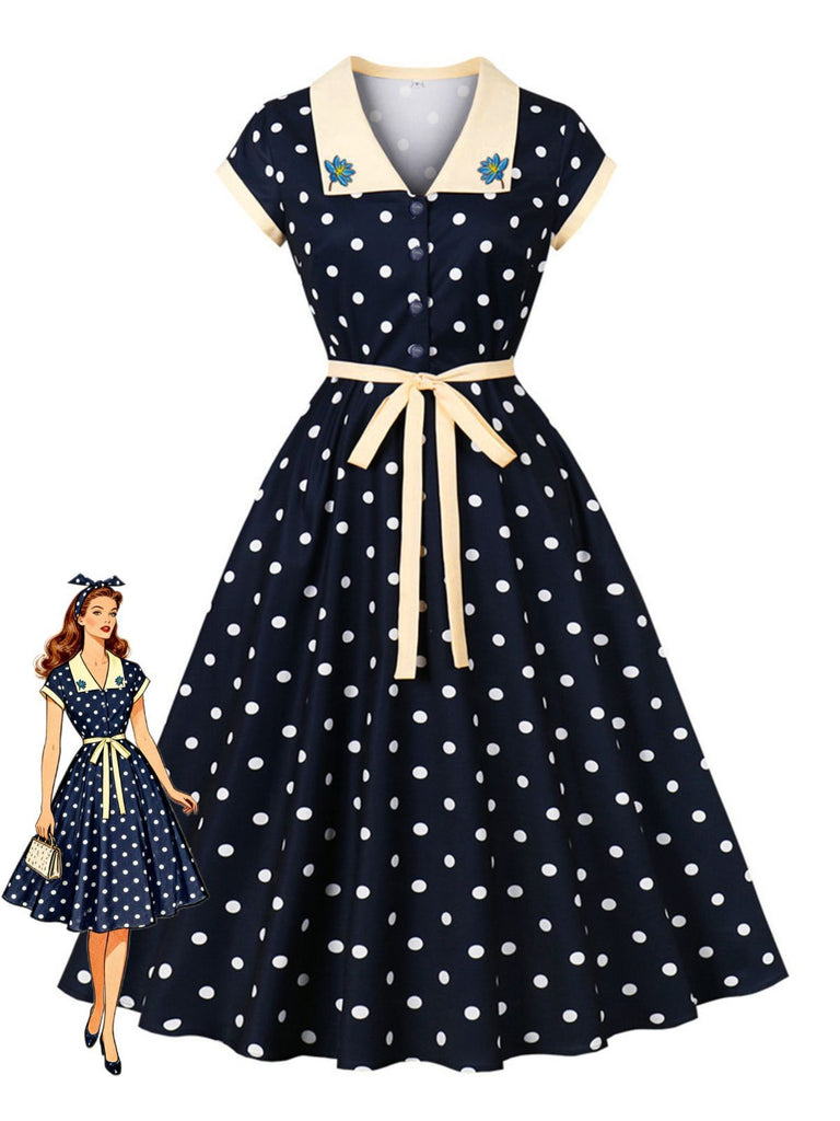 Blue 1950s Polka Dot Embroidered Floral Swing Dress, vintage dress, retro fashion, rockabilly, pin-up fashion - perfect for women who love vintage and retro fashion