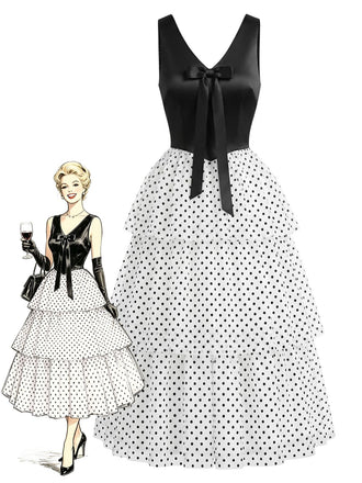 [Pre-Sale] Black & White 1940s Polka Dot Chiffon Tiered Ruffle Dress, vintage dress, retro fashion - perfect for women who love vintage and retro fashion