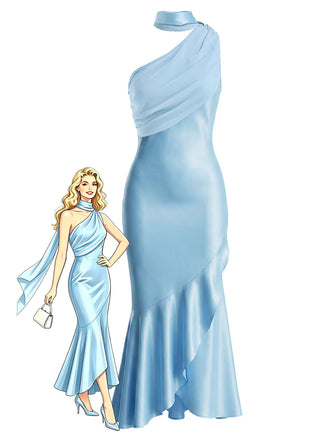[Pre-Sale] Blue 1930s Satin One-Shoulder Halter Ruffle Mermaid Dress