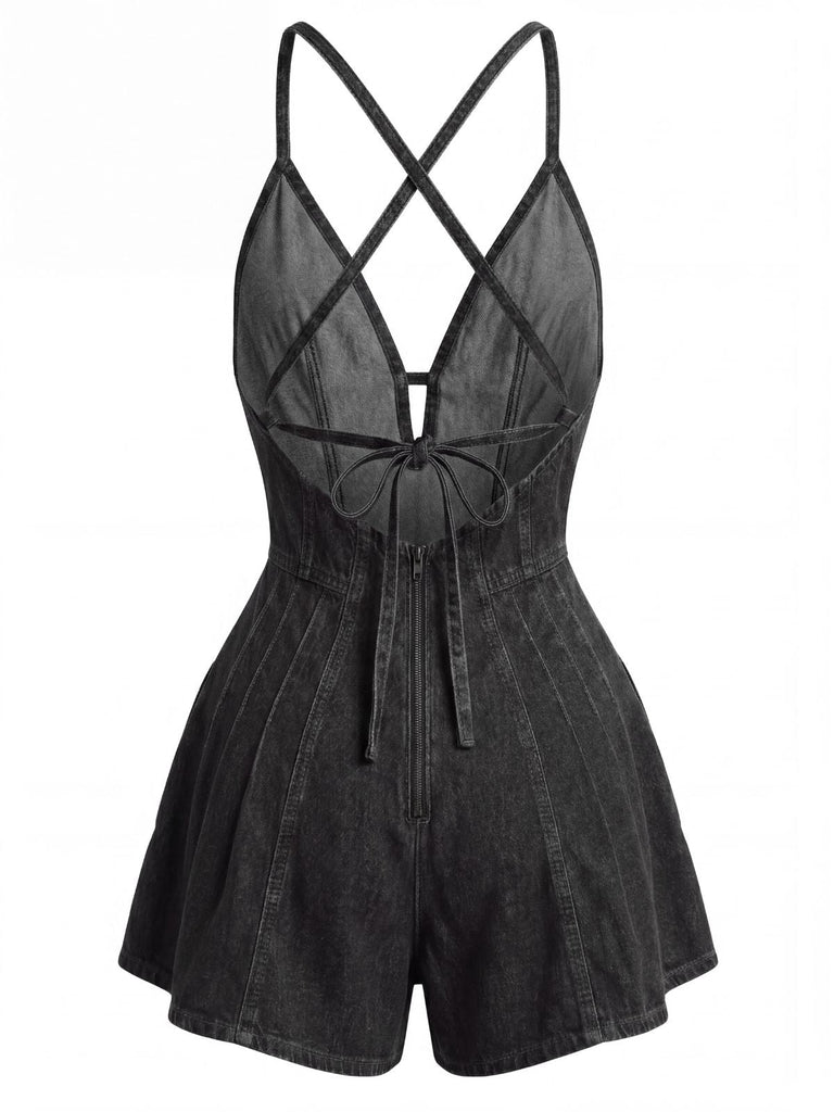 1950s Denim Tie Waist One Piece Romper 2