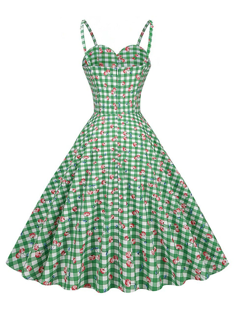 Green 1950s Gingham Cotton Cherry Spaghetti Strap Dress, vintage dress, retro fashion, rockabilly, pin-up fashion - perfect for women who love vintage and retro fashion