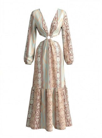 1970s V-Neck Boho Geometric Print Cutout Maxi Dress, vintage dress, retro fashion - perfect for women who love vintage and retro fashion