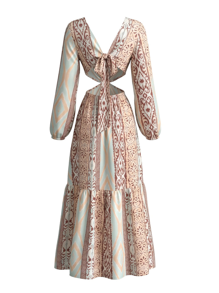 1970s V-Neck Boho Geometric Print Cutout Maxi Dress, vintage dress, retro fashion - perfect for women who love vintage and retro fashion