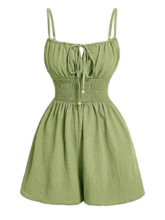 Brown 1950s Textured Spaghetti Strap Tie Front Romper, vintage romper, retro jumpsuit - perfect for women who love vintage and retro fashion