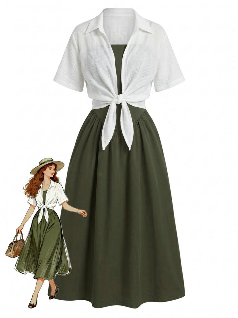 2PCS 1950s Spaghetti Strap Smocked Midi Dress & Cropped Shirt