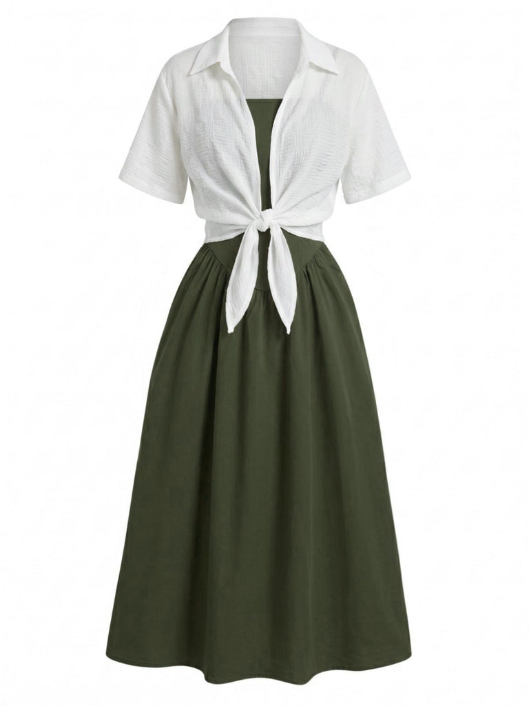 2PCS 1950s Spaghetti Strap Smocked Midi Dress & Cropped Shirt
