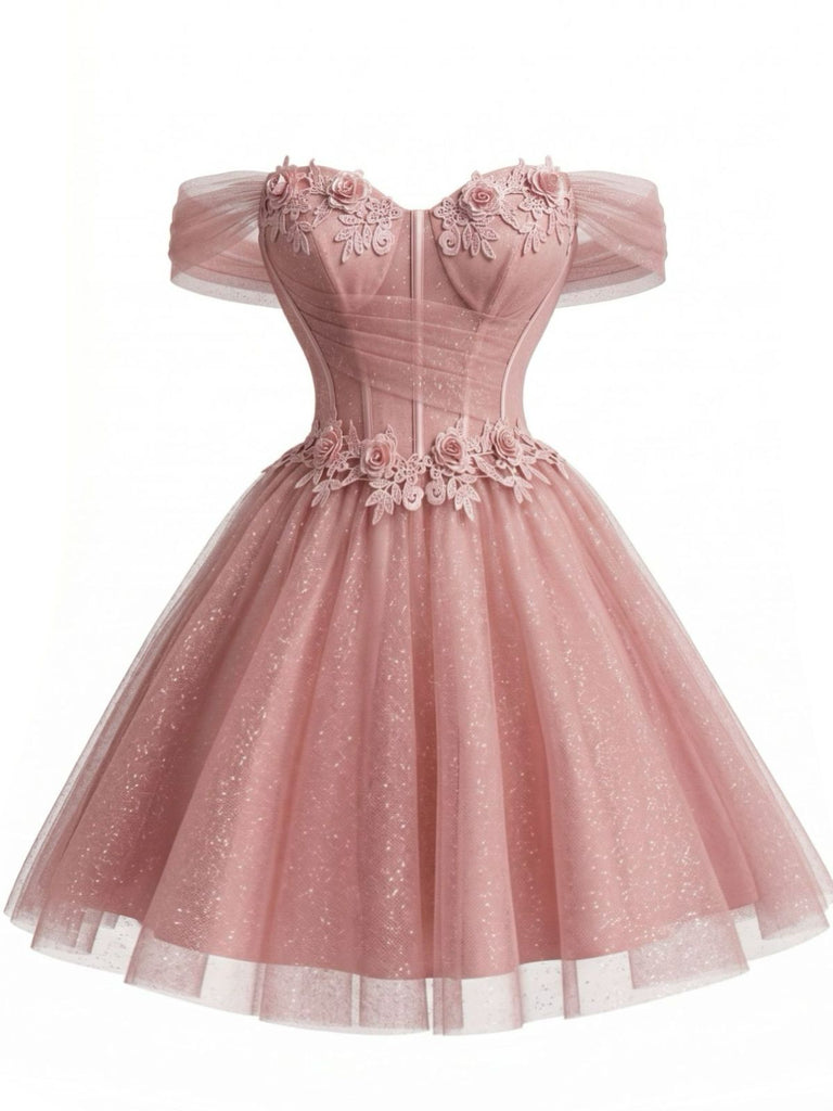 Pink 1950s Floral Off-Shoulder Glitter Tulle Prom Dress, vintage dress, retro fashion, rockabilly, pin-up fashion - perfect for women who love vintage and retro fashion