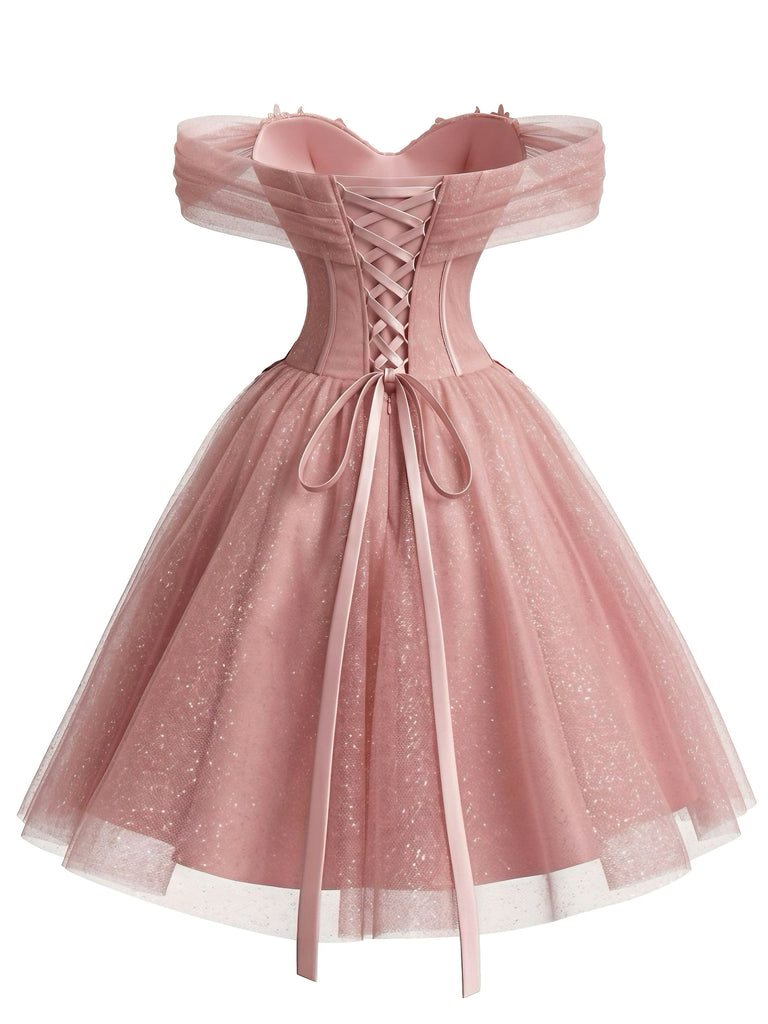 Pink 1950s Floral Off-Shoulder Glitter Tulle Prom Dress, vintage dress, retro fashion, rockabilly, pin-up fashion - perfect for women who love vintage and retro fashion