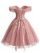 Pink 1950s Floral Off-Shoulder Glitter Tulle Prom Dress, vintage dress, retro fashion, rockabilly, pin-up fashion - perfect for women who love vintage and retro fashion