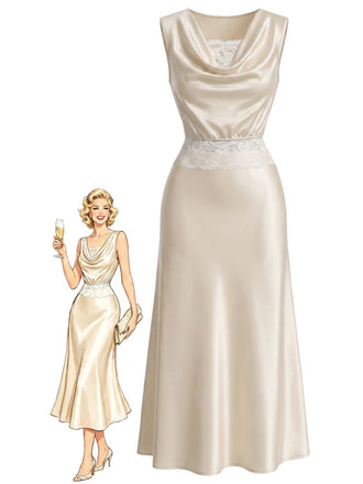 [Pre-Sale] 3PCS Champagne 1920s Satin Cowl Neck Lace Waist Skirt Set, vintage skirt, retro style - perfect for women who love vintage and retro fashion