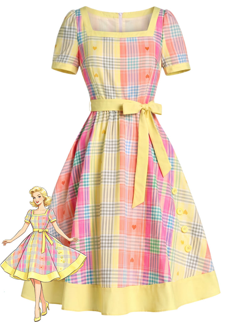 [Pre-Sale] Light Yellow 1950s Square Neck Plaid Heart Dress, vintage dress, retro fashion, rockabilly, pin-up fashion - perfect for women who love vintage and retro fashion