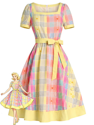 [Pre-Sale] Light Yellow 1950s Square Neck Plaid Heart Dress, vintage dress, retro fashion, rockabilly, pin-up fashion - perfect for women who love vintage and retro fashion