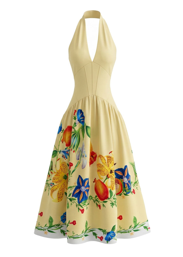 Yellow 1950s Print Halter Backless Dress 2